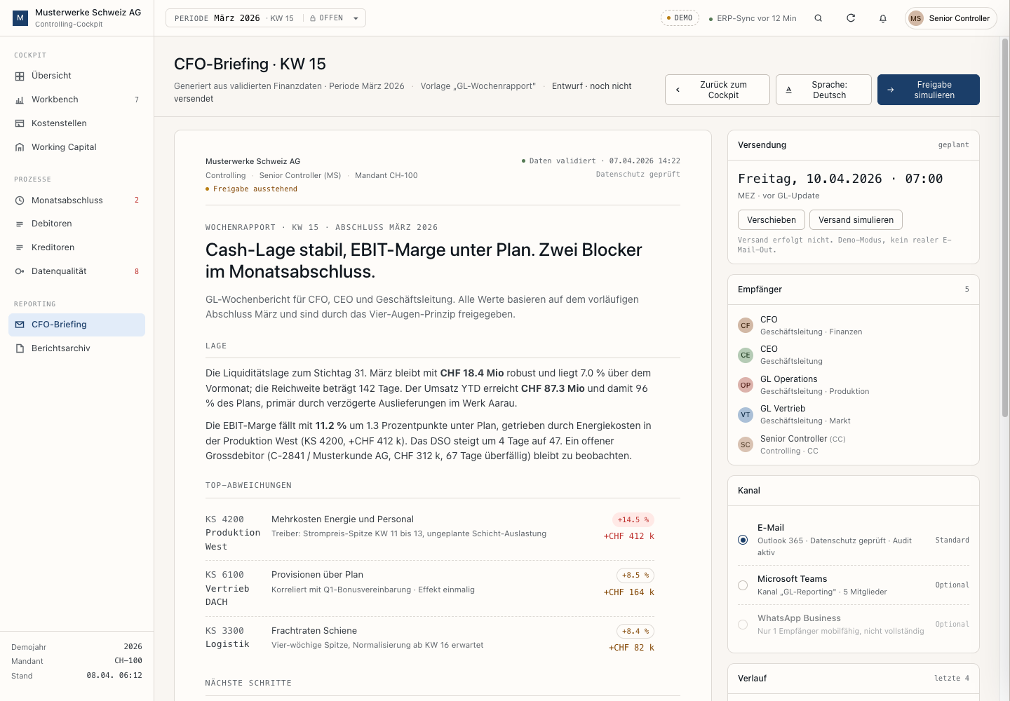 CFO briefing generated from validated finance data with role-based recipients and approval controls