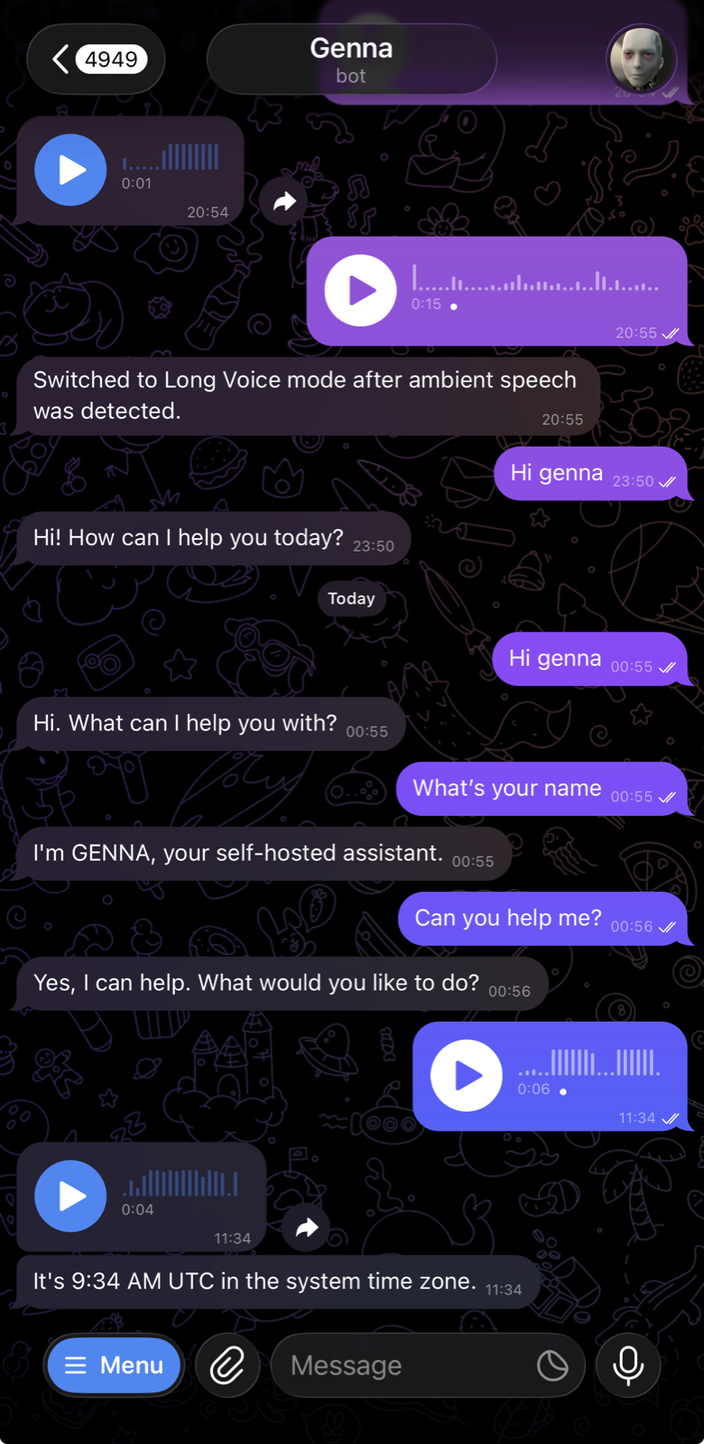 Telegram chat with GENNA showing text and voice message turns