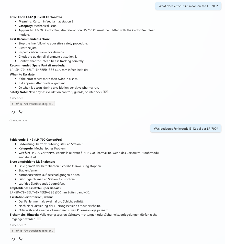 Copilot Studio agent answering the E142 error code question in English and German, with the LP-700 troubleshooting source cited in both responses