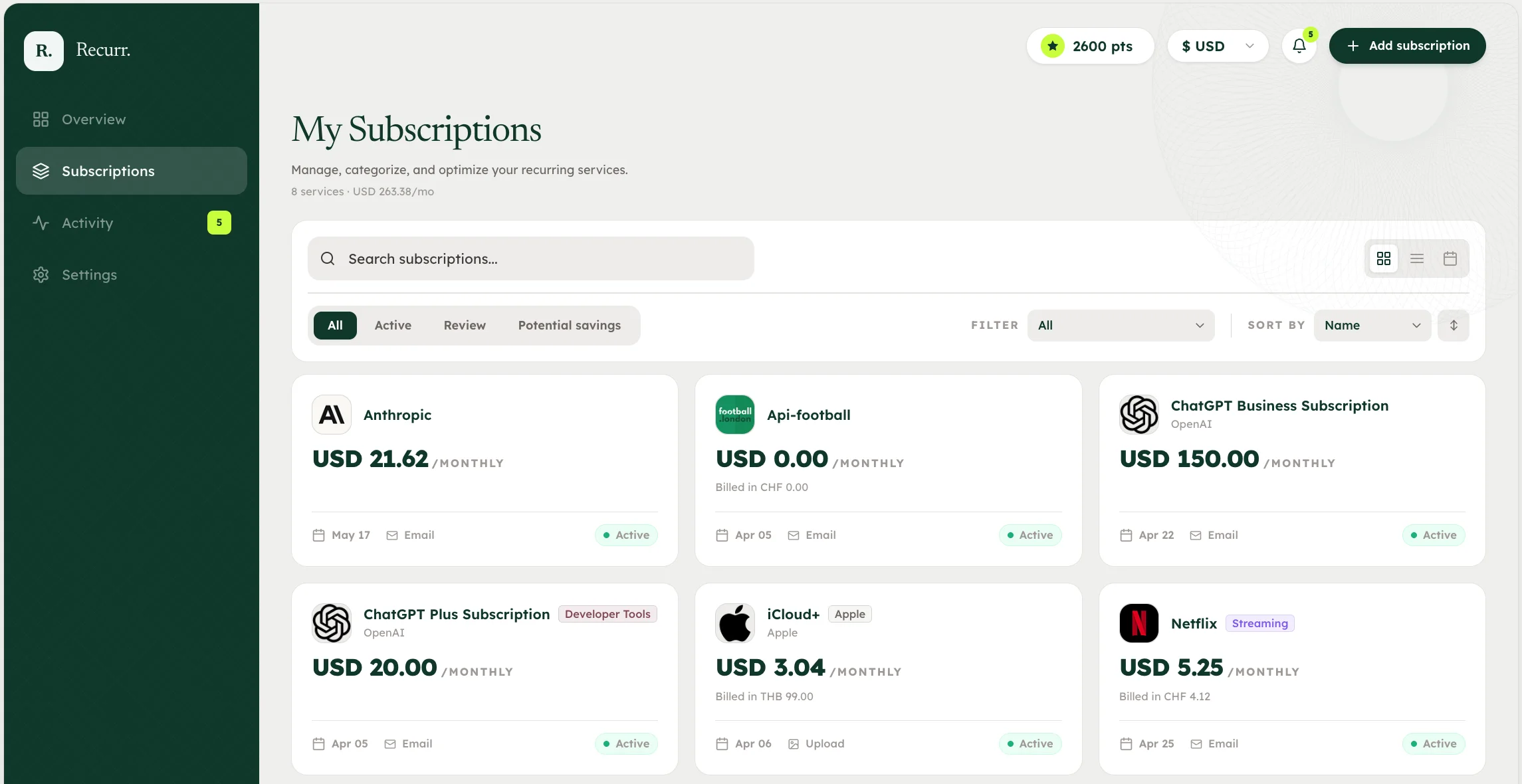 Recurr subscription dashboard with search, filters, and subscription cards